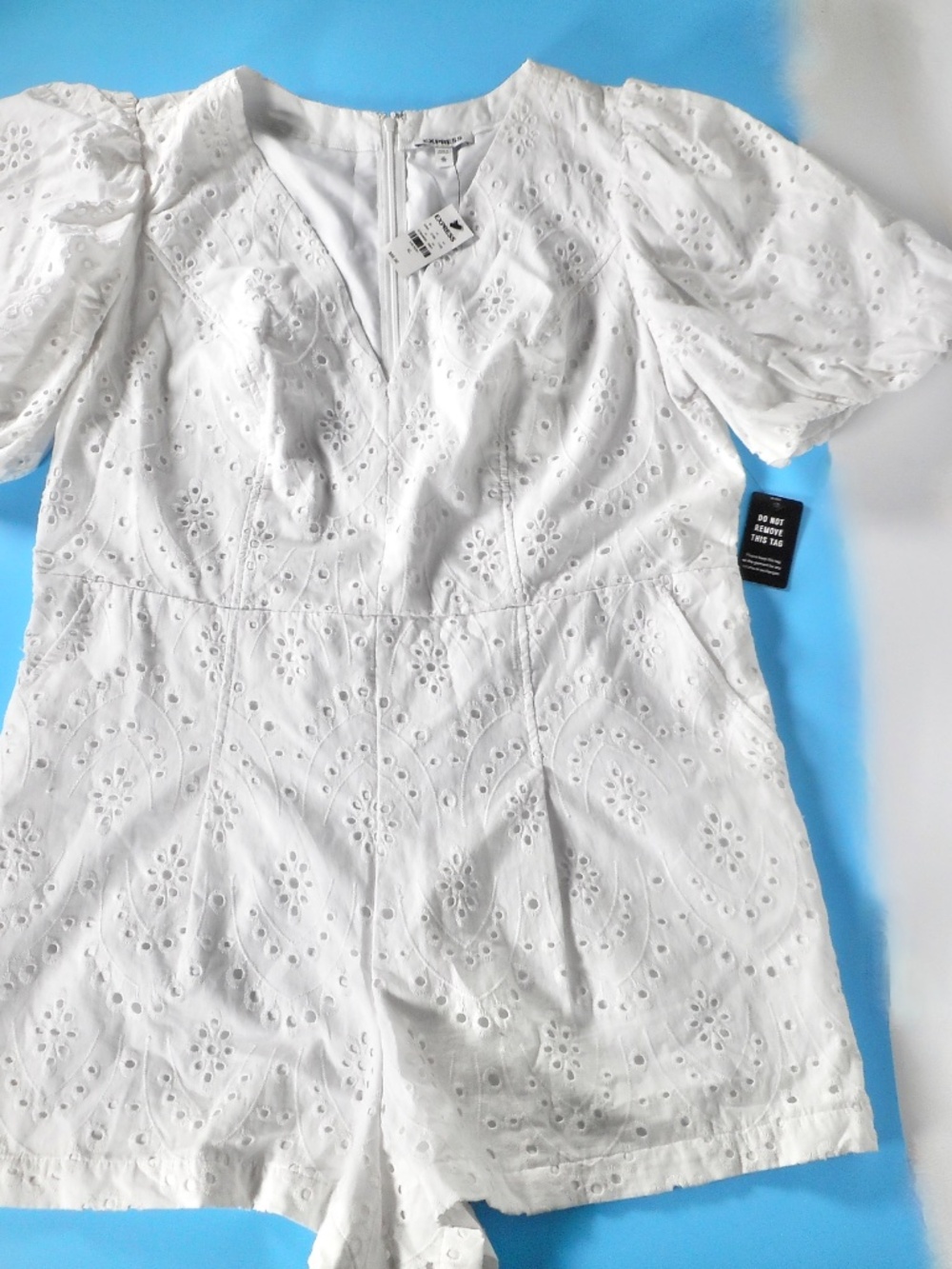 NWT Express White Lace Eyelet Womens Sz XL Romper Puff Sleeve Short Cottagecore